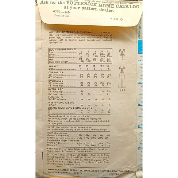 Vintage 1970s Butterick 6352 Childrens & Girls Overall Sewing Pattern Size 6 - Picture 2 of 2